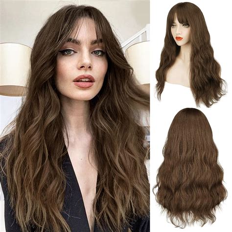 wigs with bangs long|brunette wig with bangs.